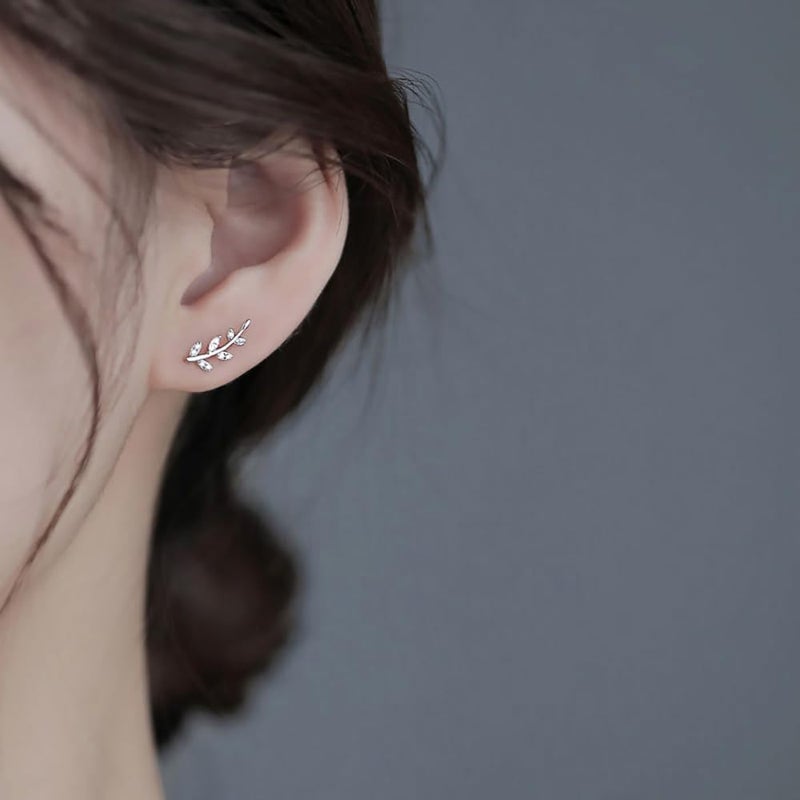 Reffeer Solid 925 Sterling Silver Leaf Crawler Stud Earrings for Women Teen Girls Crystal Leaf Stud Earrings - Image 2